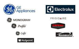 Brand logo of GE Appliances and its lables GE Monogram, GE Profile, GE Café, and Hotpoint, and brand logo of Electrolux and its labels Frigidaire, Tappan, and Kenmore